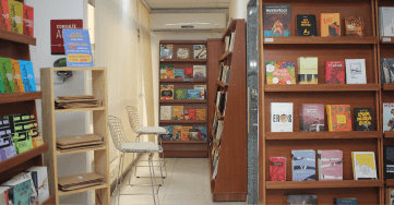 Foto de uma livraria Cepe. Contém estantes com livros, mesas e cadeiras.